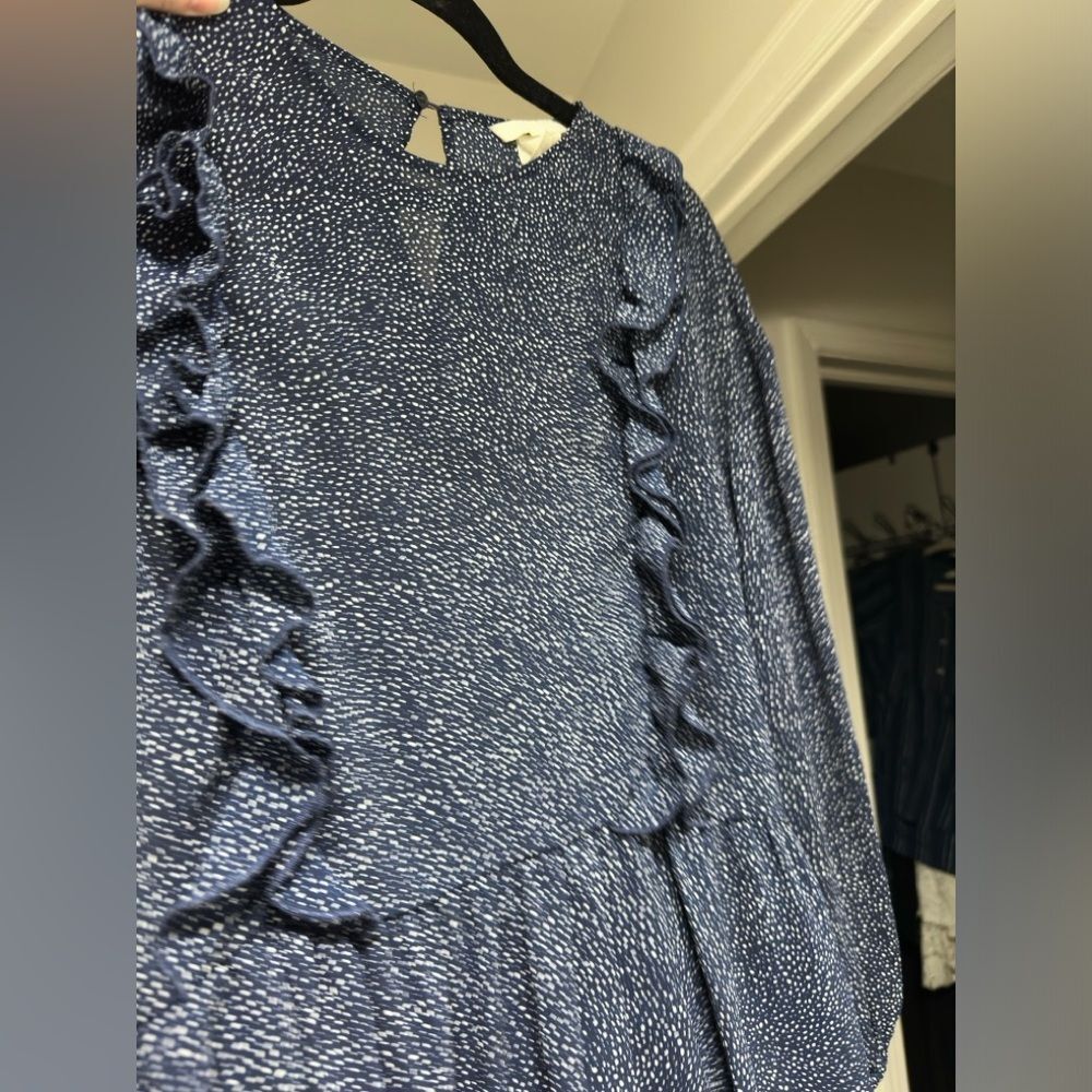 H&M Frill Long Sleeve Blouse Top size 2 Women's Navy Blue & White Flowy Shirt - Picture 3 of 4